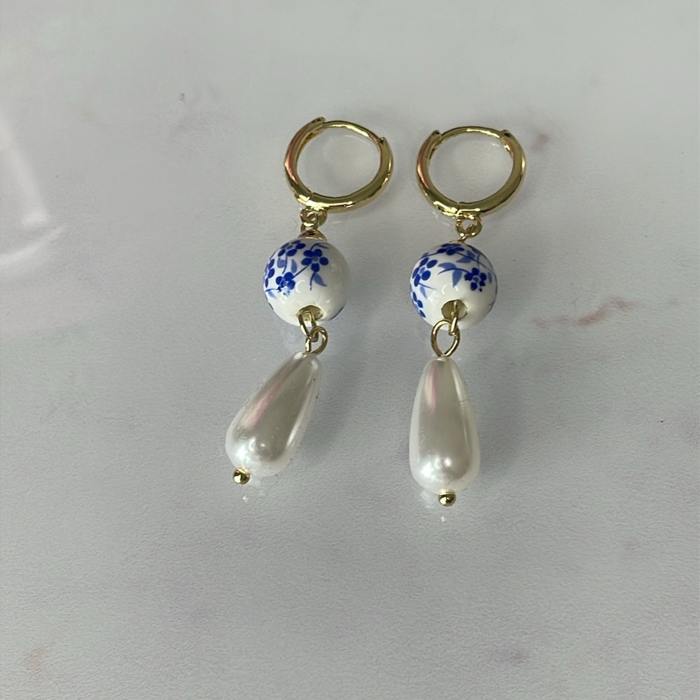 Porcelain coastal summer Gold and Blue Drop light weight Earrings - Picture 3 of 4